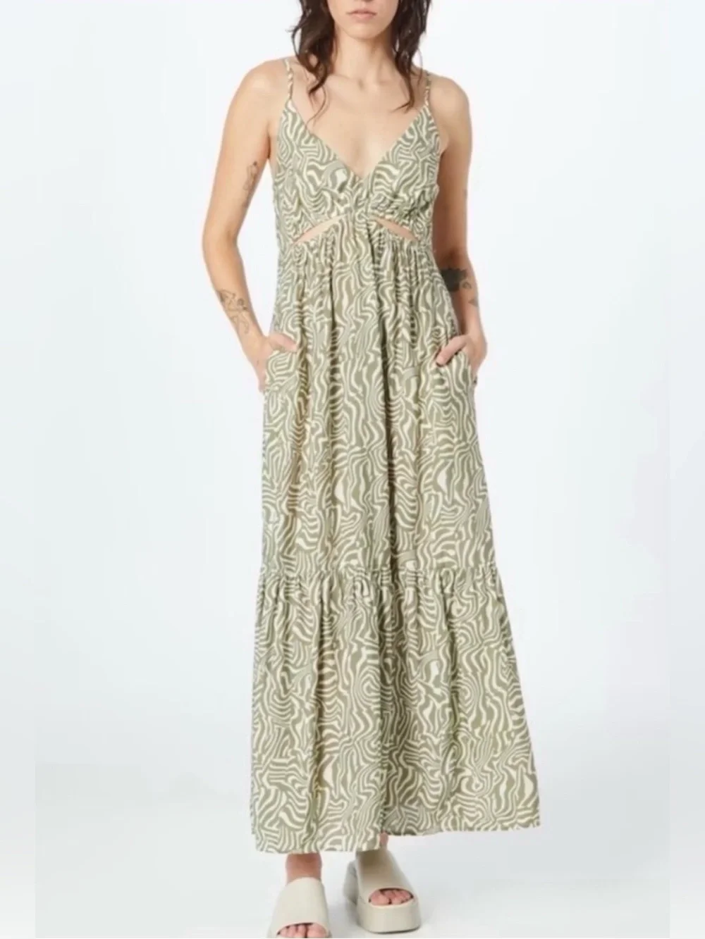 Abercrombie & Fitch Olive Swirl Cutout Maxi Dress